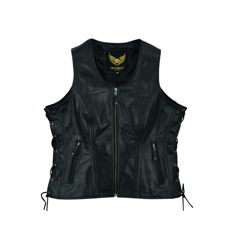 Leatherick Women Top Grain Genuine Buffalo Black Ladies Leather Vests for Motorcycle Bikers (as1  alpha  x_l  regular  regular  Black (Plain)  XL) - Image 3